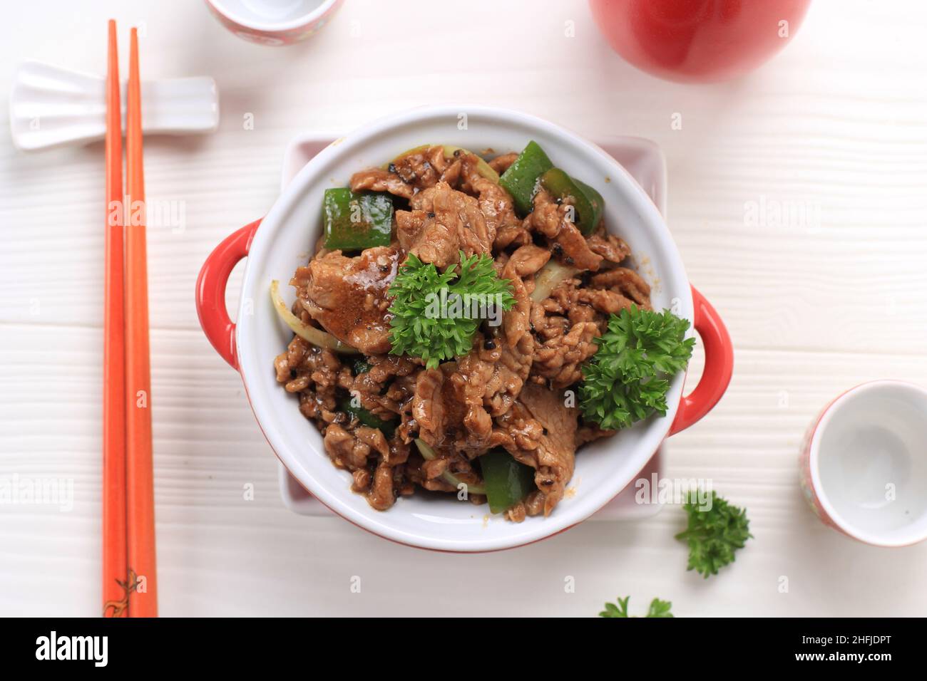 Top View Beef Black Pepper, Stir Fry Beef with Paprika, Chinese Cuisine