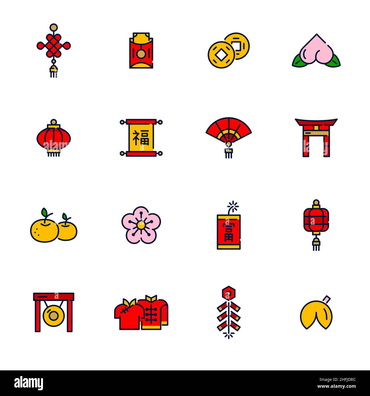 Chinese New Year pixel perfect colored icons set. Lunar spring ...