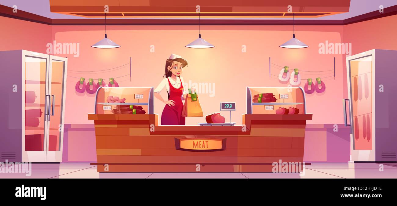 Saleswoman at meat shop desk, girl in uniform holding paper bag at butchery store interior with farm production on showcase and scales. Fresh farmer meaty products stall, Cartoon vector illustration Stock Vector