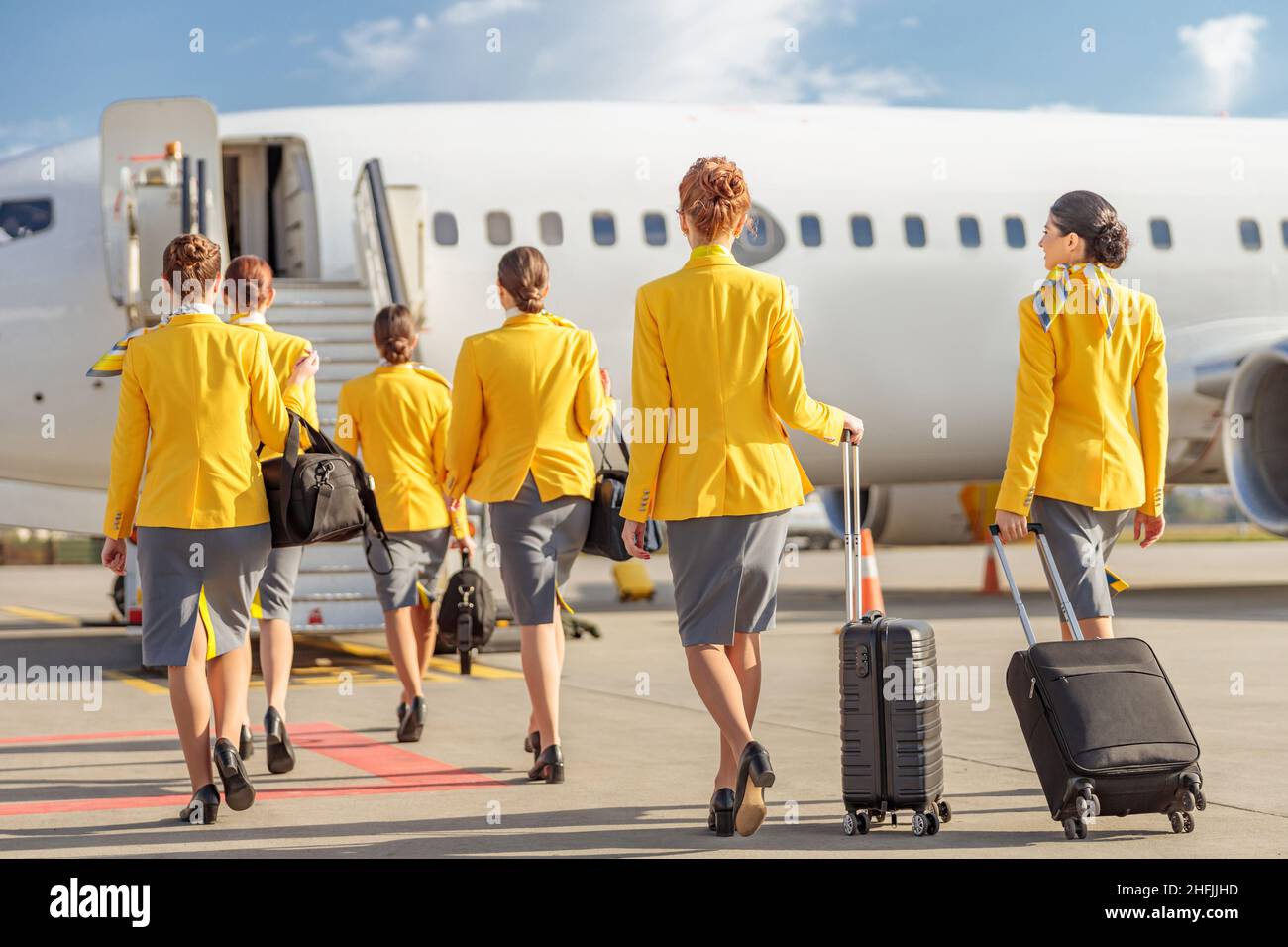 Back view of female airline workers with trolley luggage bags walking down the airfield and heading to airplane Stock Photo