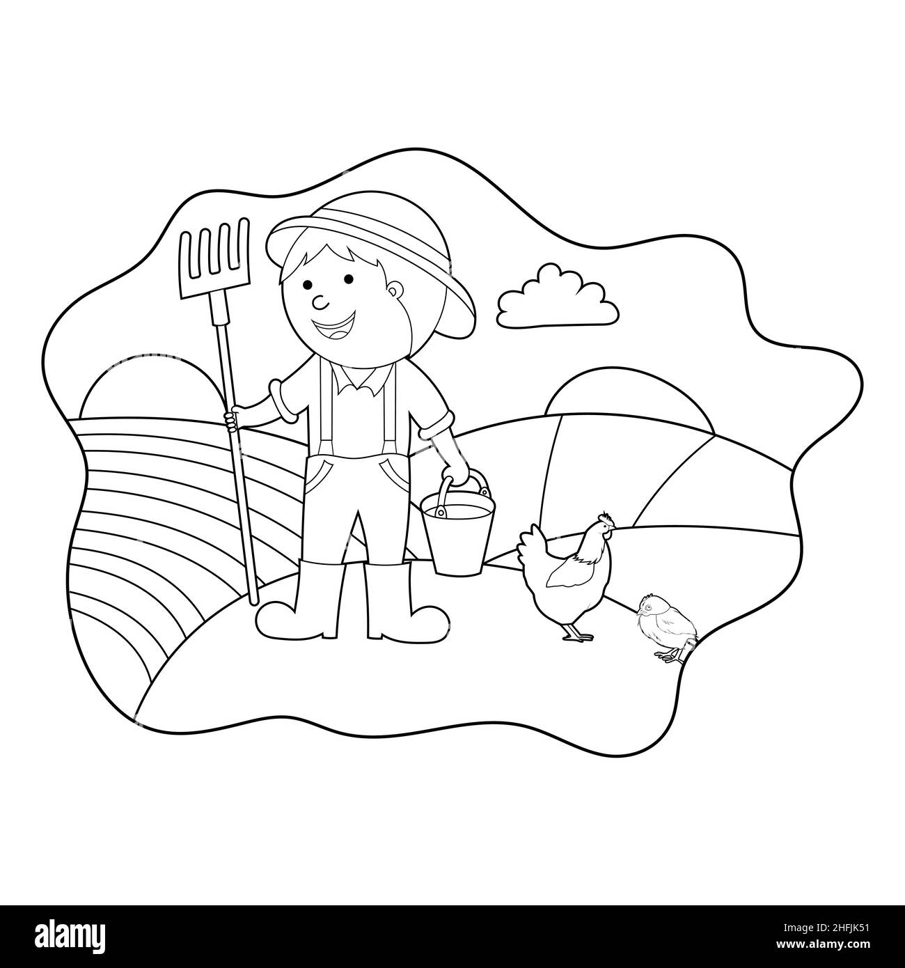 coloring book. illustration of a farmer in a field, vector isolated on a white background. Stock Vector