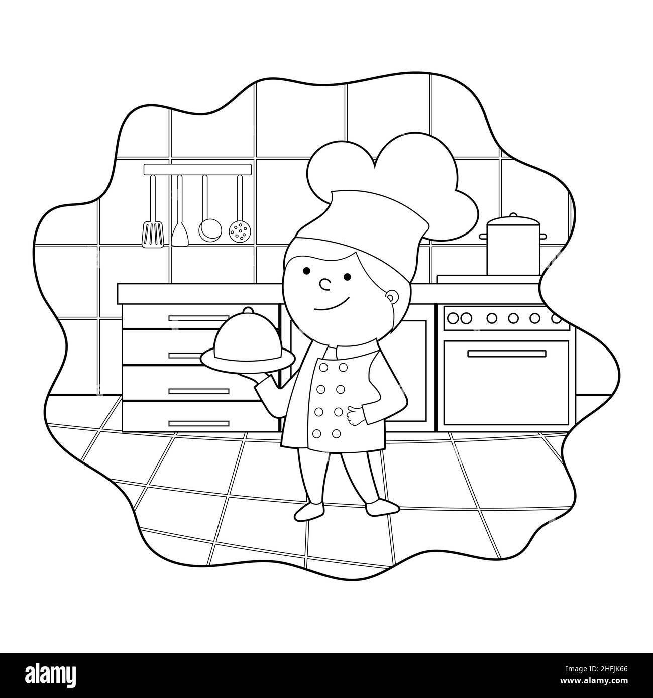 coloring book. cartoon illustration of a cook in the kitchen, vector isolated on a white background Stock Vector