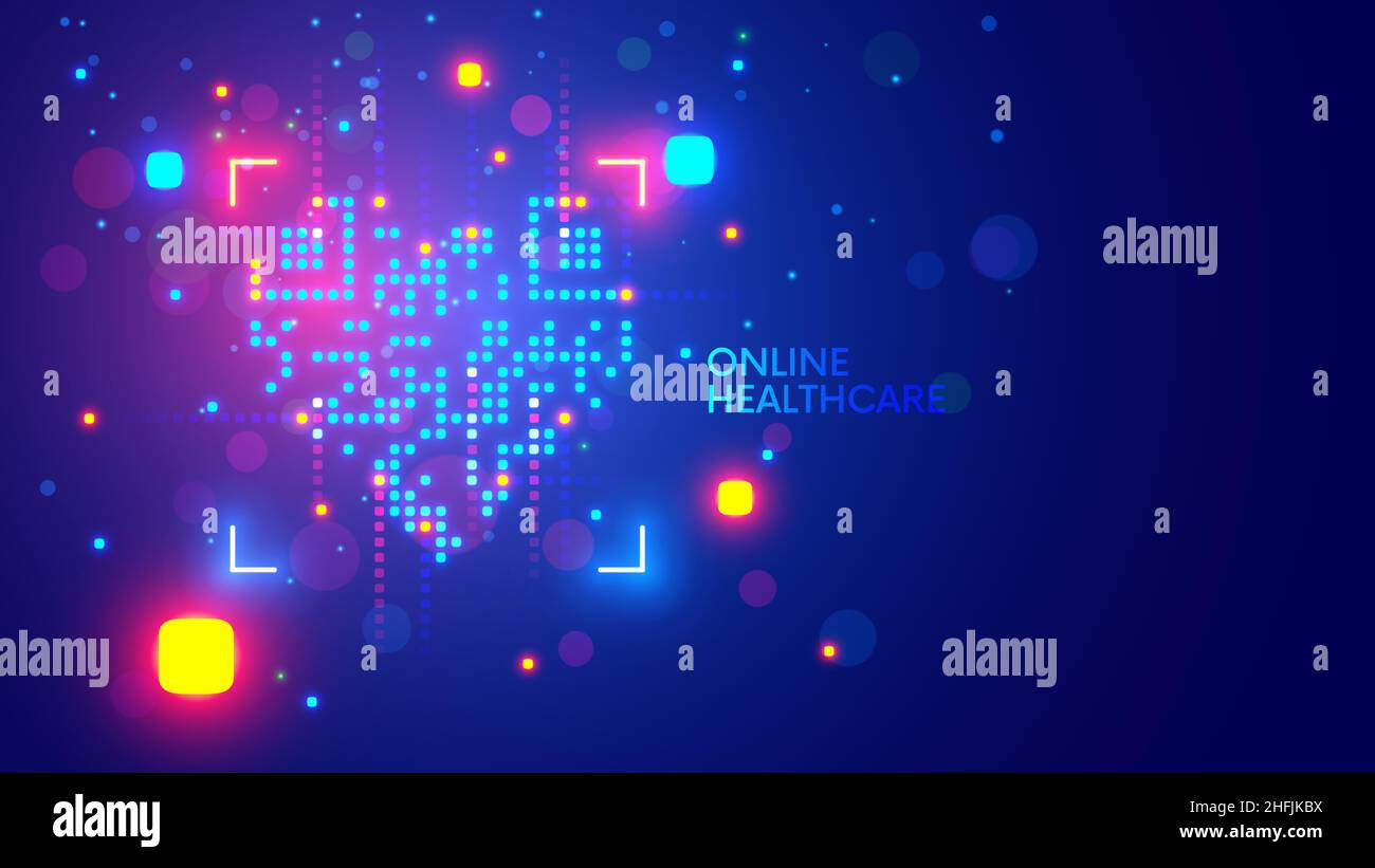 Heart symbol of health, online medicine, internet healthcare, distance medical consultation. Heart consist pixels of QR code. Telemedicine technology Stock Vector