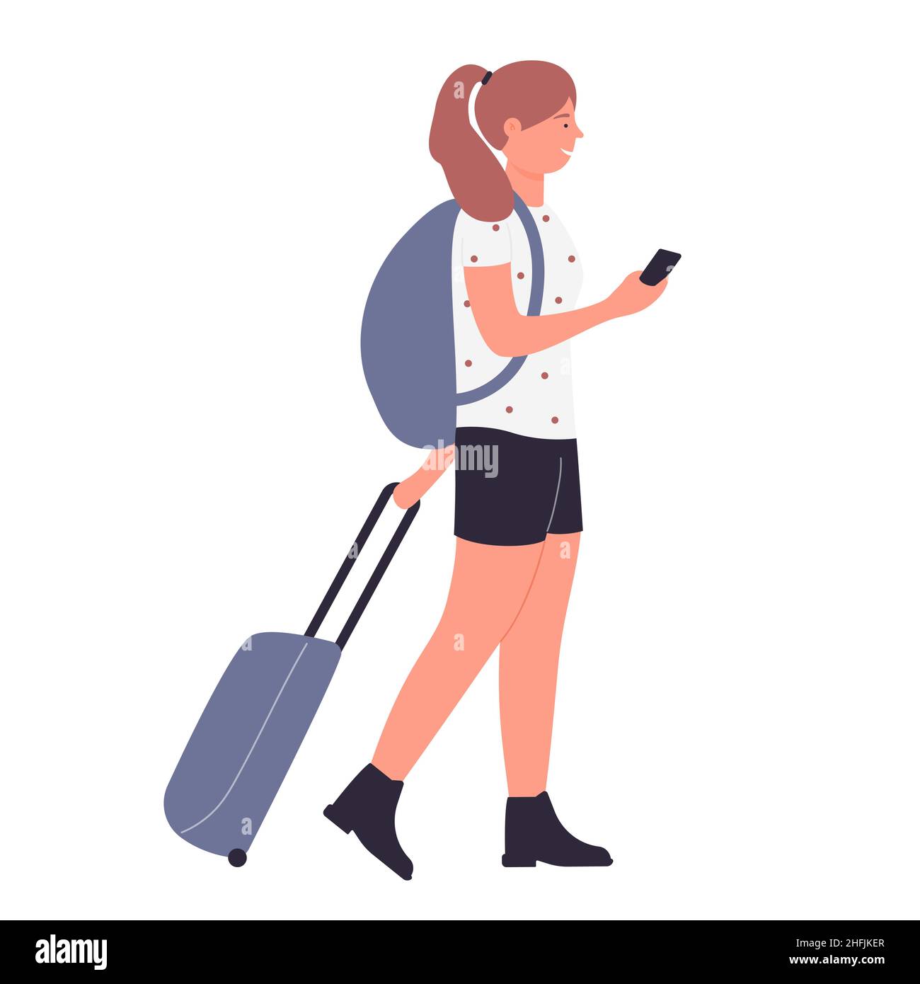 Tourist girl with backpack and hand luggage. Young passenger lady exploring and traveling cartoon vector illustration Stock Vector