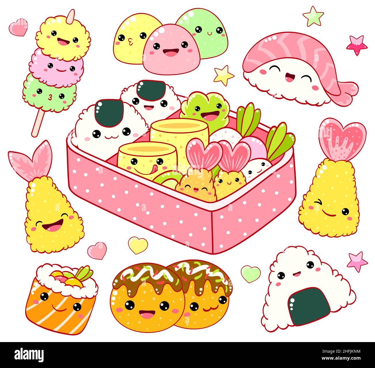 Premium Vector  Bento boxes in kawaii style cute colorful illustration of  japanese food in lunch boxes anime