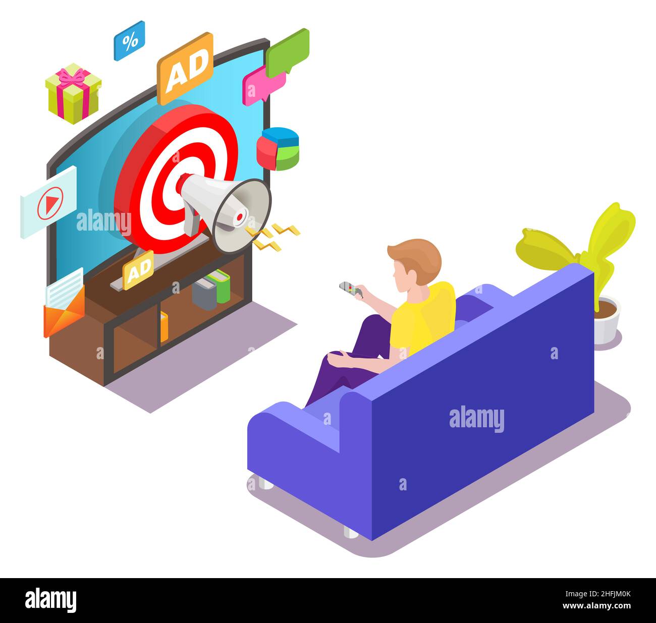 Man watching targeted tv ads, vector isometric illustration