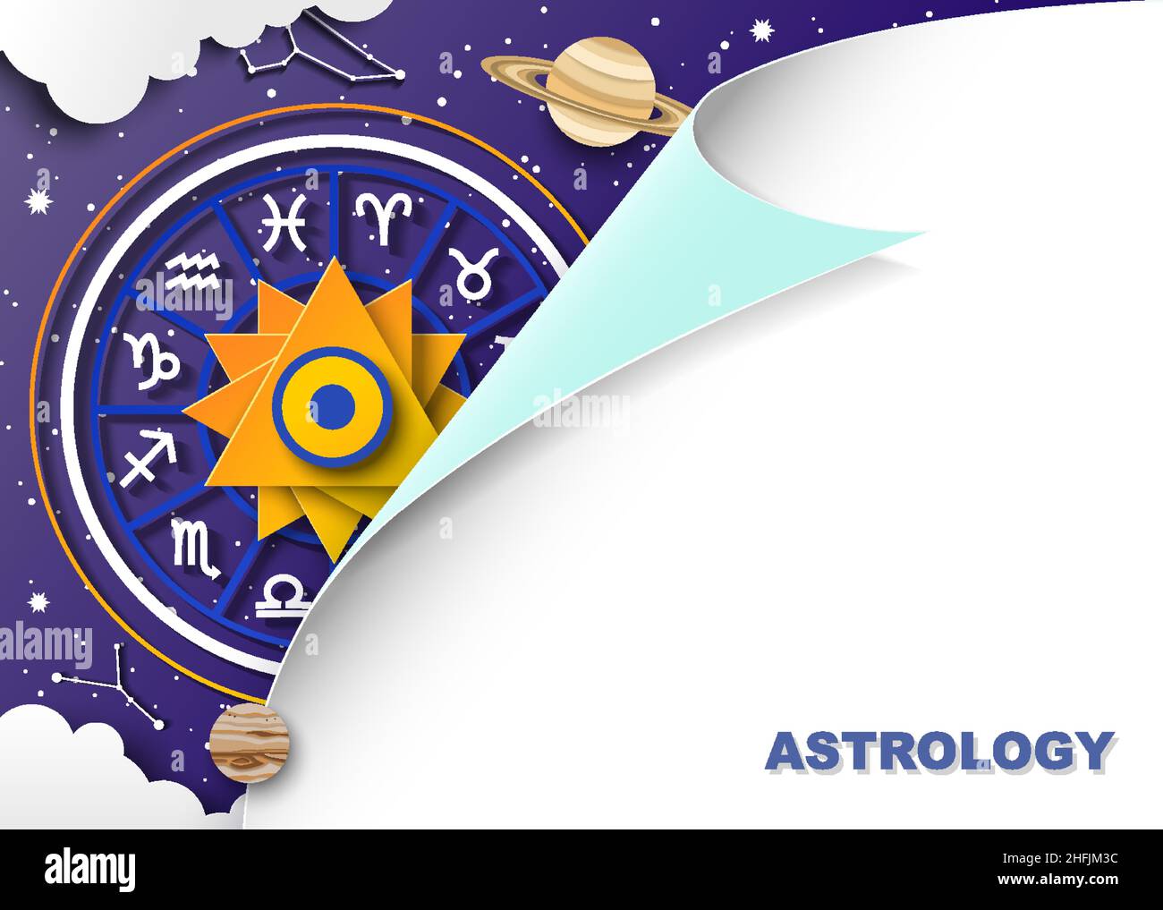 Zodiac wheel with twelve horoscope signs, planets, starry sky, constellations, vector paper cut illustration. Astrology. Stock Vector