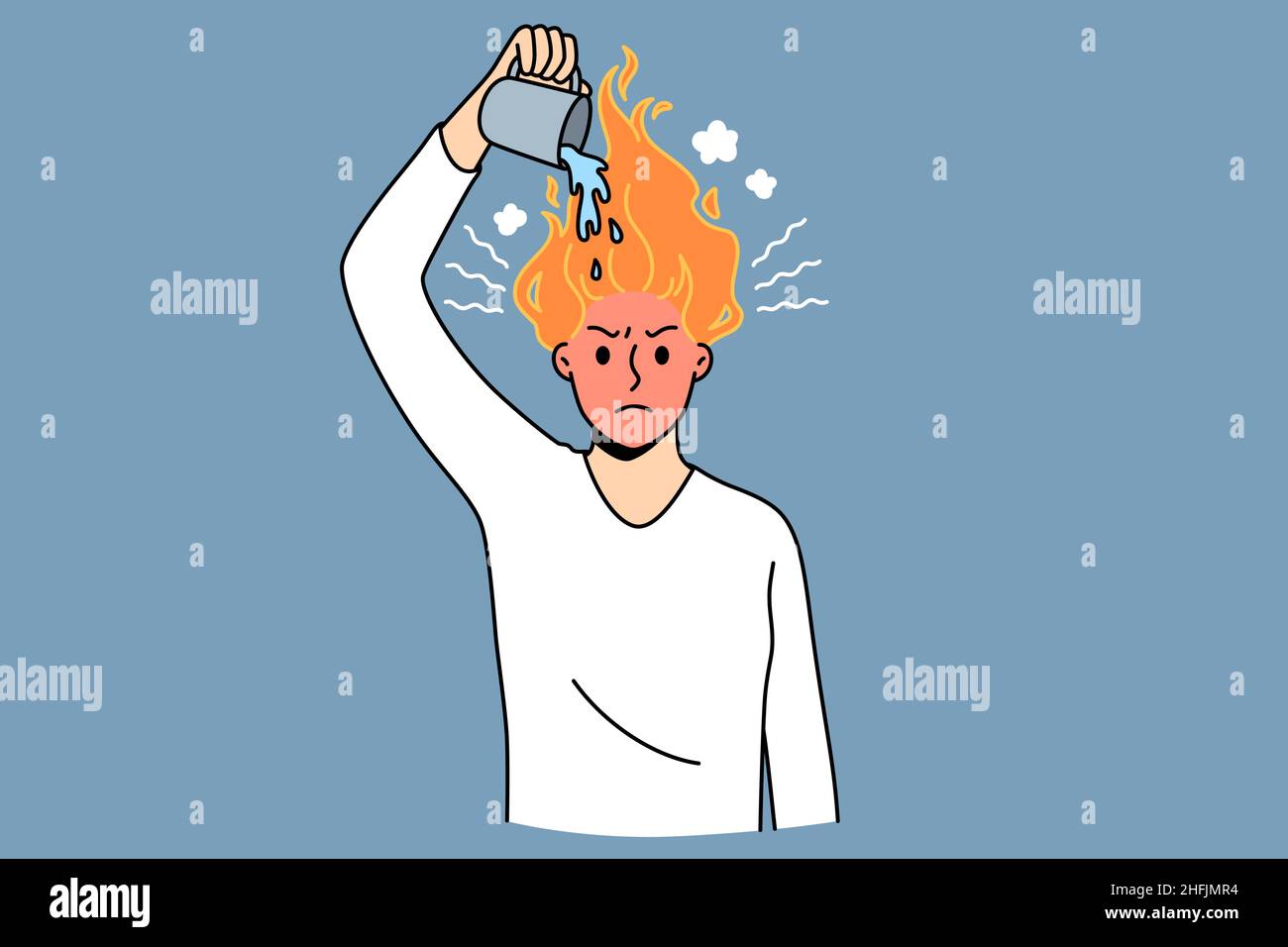 Tire burnout and overwork concept. Young stressed man worker standing and watering burning flame in head feeling over worked vector illustration  Stock Vector