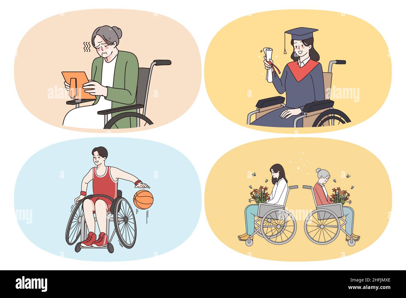 Emotions of wheelchair people concept. Set of young and elderly wheelchair people graduating from university playing basketball buying flowers feeling sad looking at photo vector illustration Stock Vector