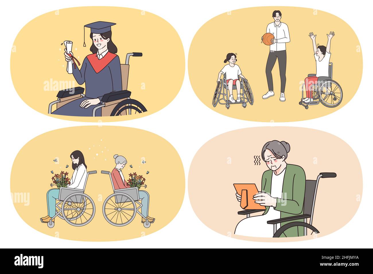 Lifestyle of wheelchair people concept. Set of young and elderly wheelchair people graduating from university playing basketball buying flowers feeling sad looking at photo vector illustration Stock Vector