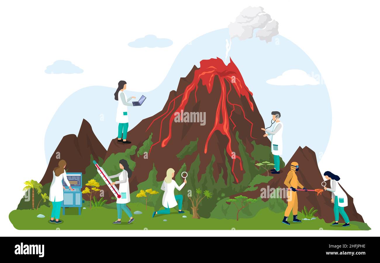 Scientists volcanologists studying volcano and volcanic activity or eruption, vector illustration. Volcanology. Stock Vector