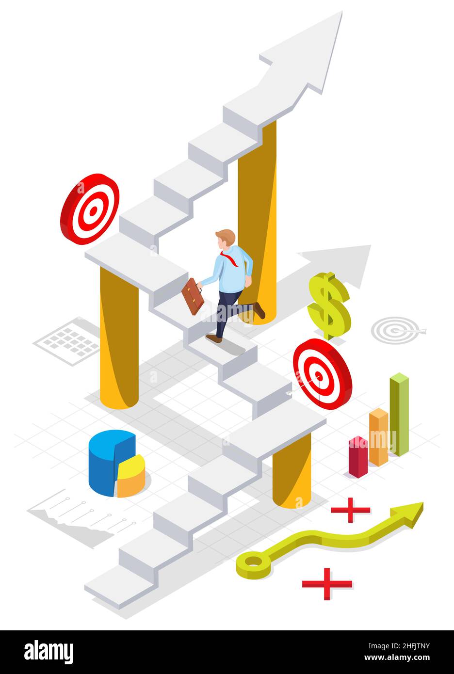 Businessman climbing up stairs to business target, vector isometric ...
