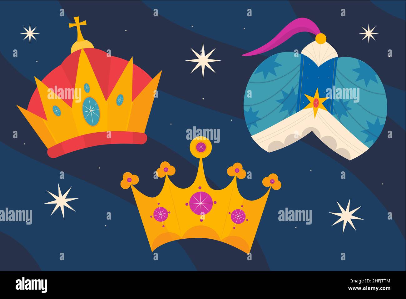 Flat reyes magos crowns set Vector illustration. Stock Vector