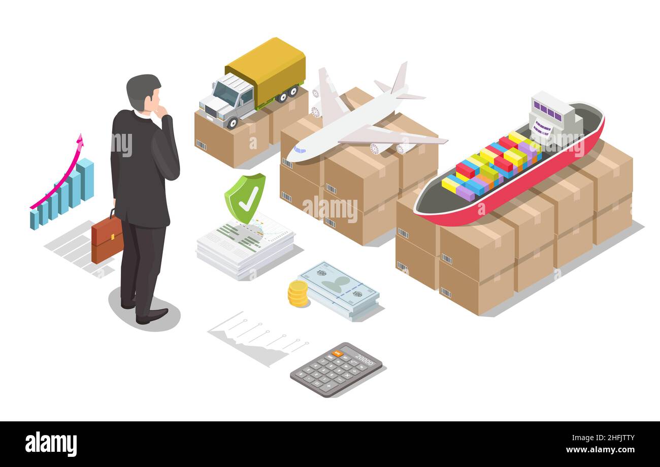 Businessman choosing cargo shipping and logistic company. Sea, air, road freight delivery, vector isometric illustration Stock Vector