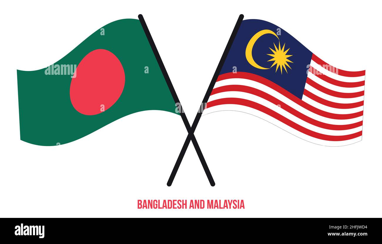 Bangladesh and Malaysia Flags Crossed And Waving Flat Style. Official ...