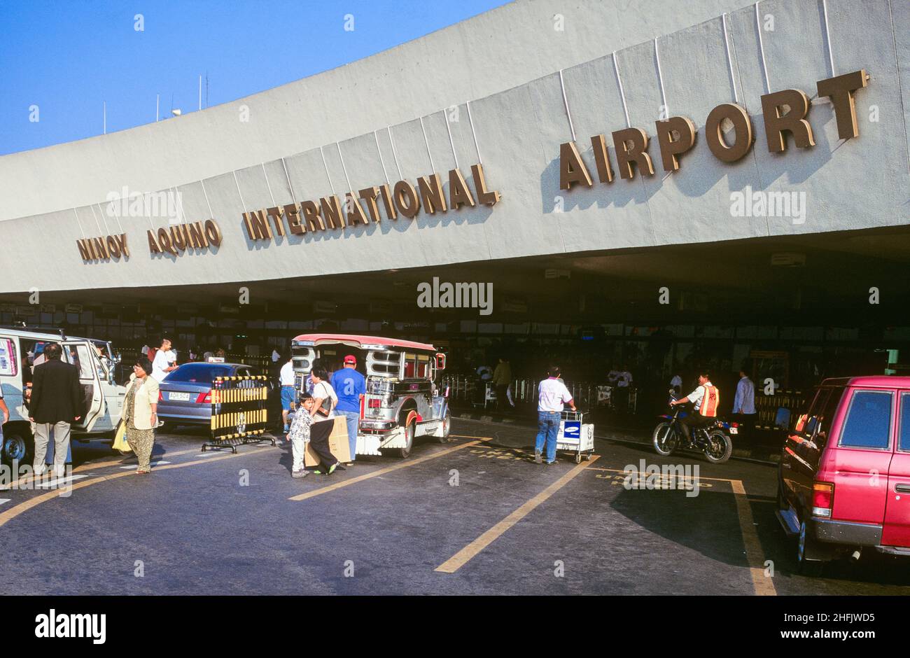 Ninoy Aquino International Airport (NAIA), formerly known and still commonly referred to as Manila International Airport, is the airport serving Manila and its surrounding area. The airport is named after Senator Benigno 'Ninoy' Aquino Jr., who was assassinated at the airport in 1983. Pictured: the exterior of NAIA Airport. Stock Photo