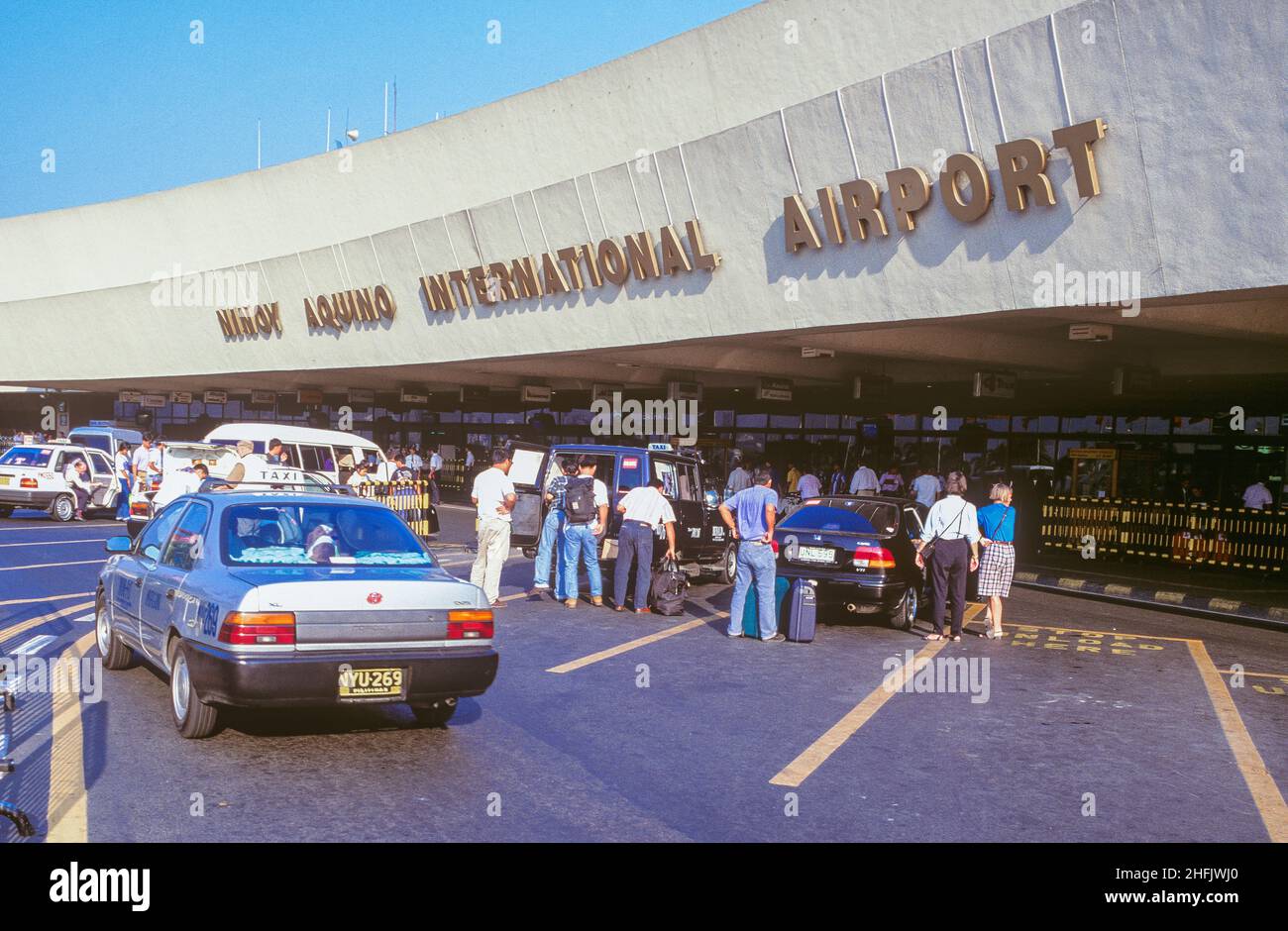 Ninoy Aquino International Airport (NAIA), formerly known and still commonly referred to as Manila International Airport, is the airport serving Manila and its surrounding area. The airport is named after Senator Benigno 'Ninoy' Aquino Jr., who was assassinated at the airport in 1983. Pictured: the exterior of NAIA Airport. Stock Photo