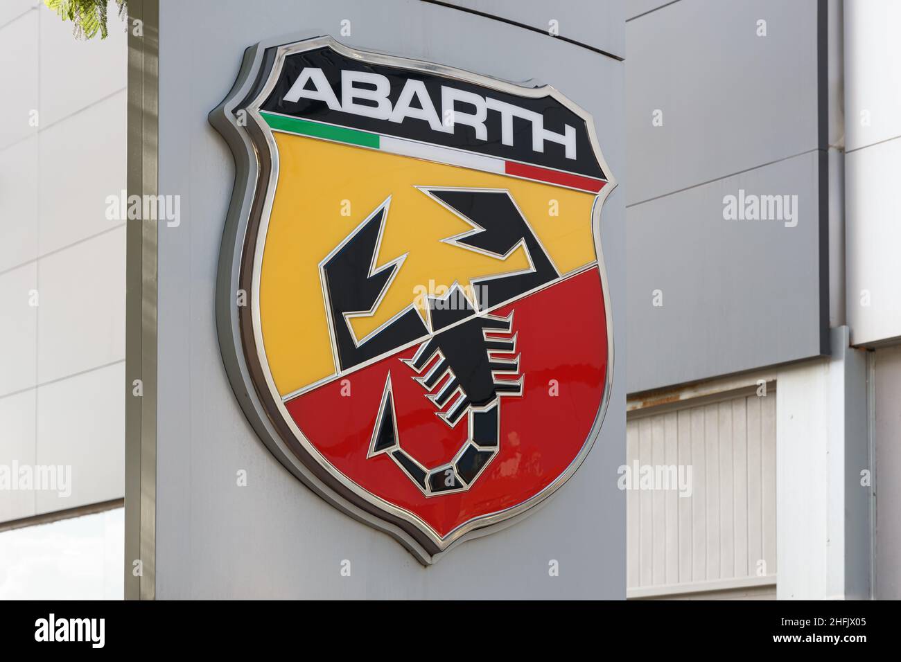 VALENCIA, SPAIN - JANUARY 13, 2022: Abarth is an Italian racing and road car maker. It is owned by Stellantis Stock Photo