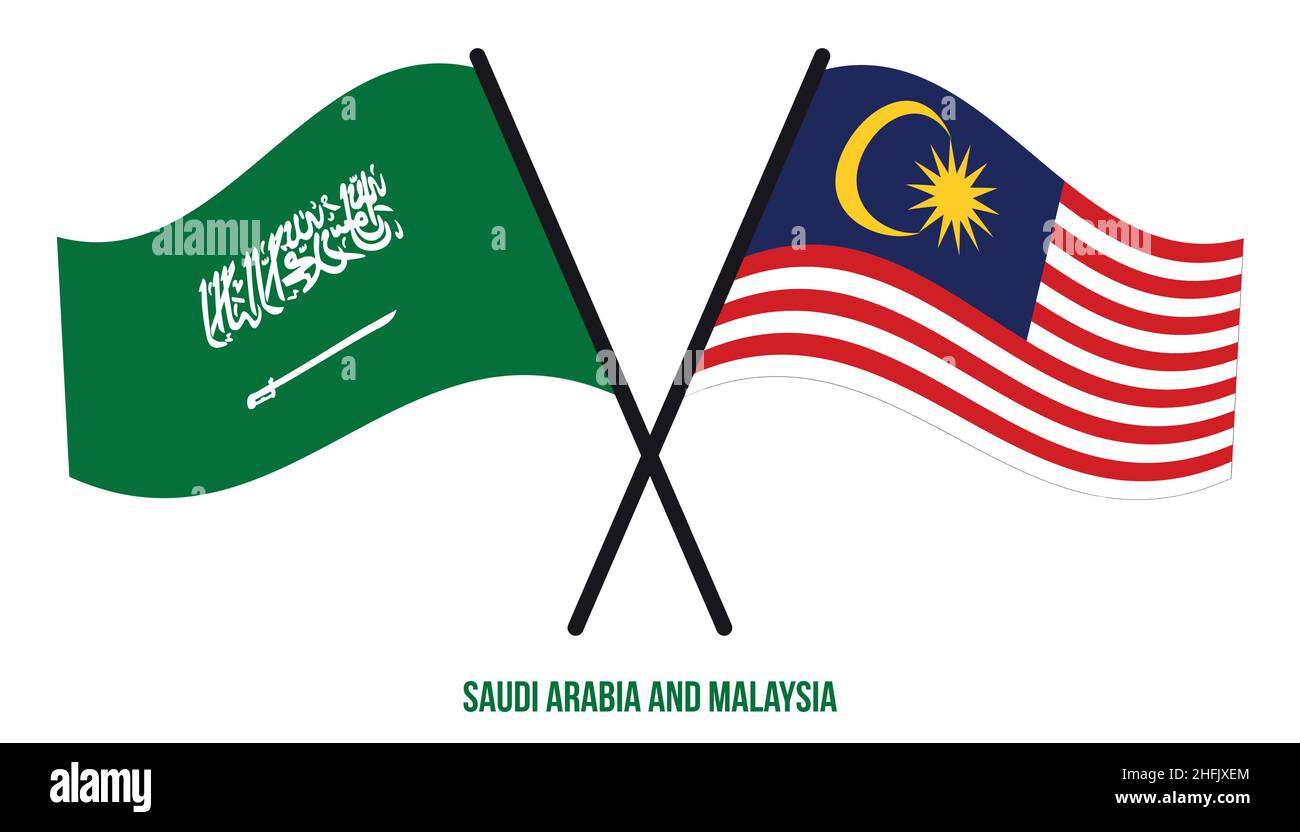 Saudi Arabia and Malaysia Flags Crossed And Waving Flat Style. Official Proportion. Correct Colors. Stock Vector