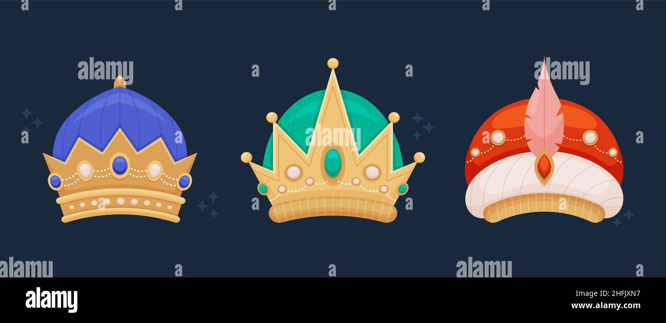 Flat reyes magos crowns set Vector illustration. Stock Vector