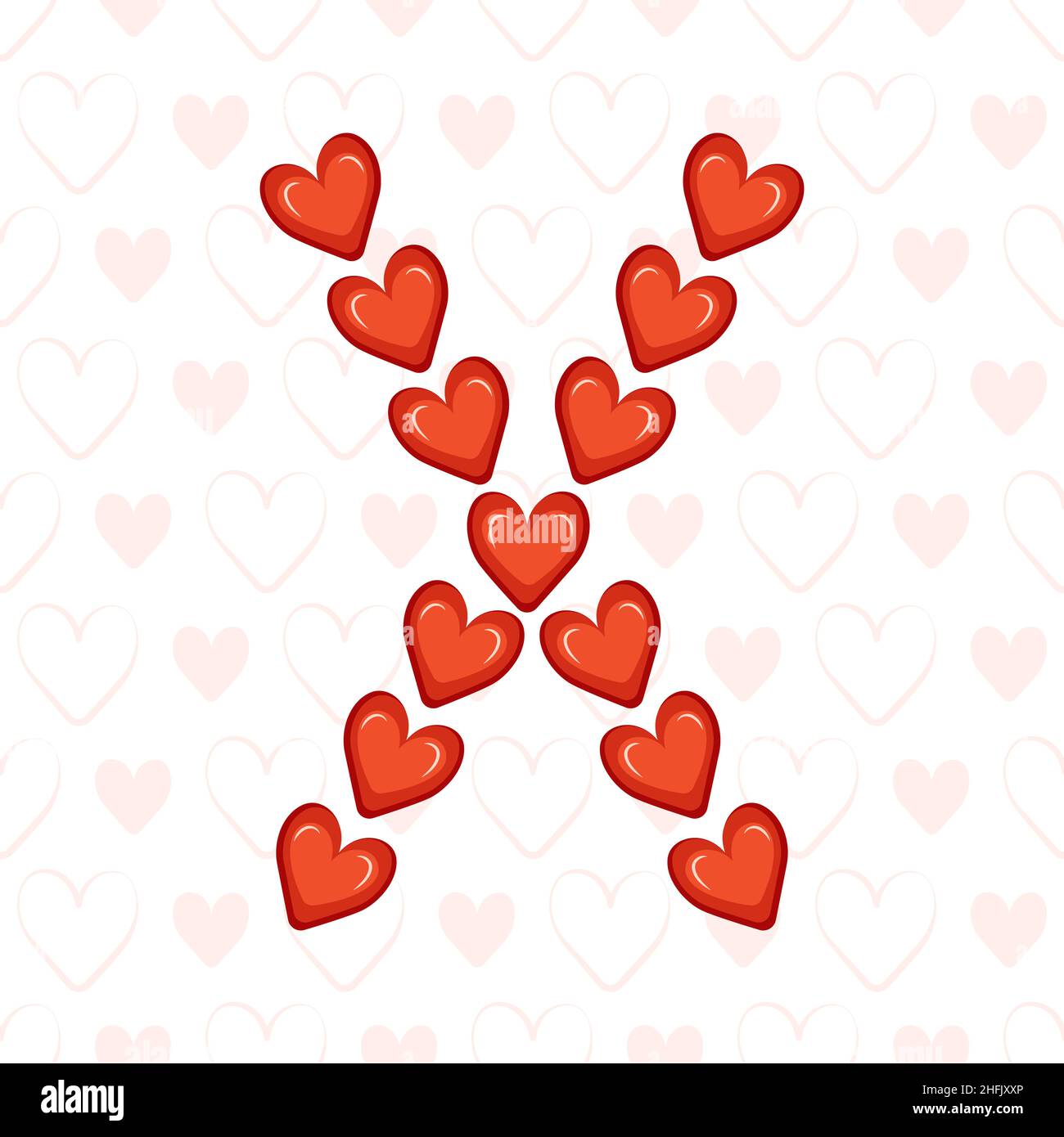 Letter X from red hearts on seamless pattern with love symbol. Festive font or decoration for valentine day, wedding, holiday and design Stock Vector