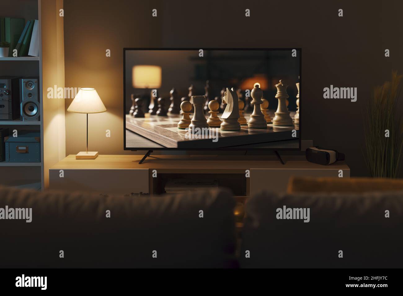 Living room interior and chess game on a widescreen television Stock ...