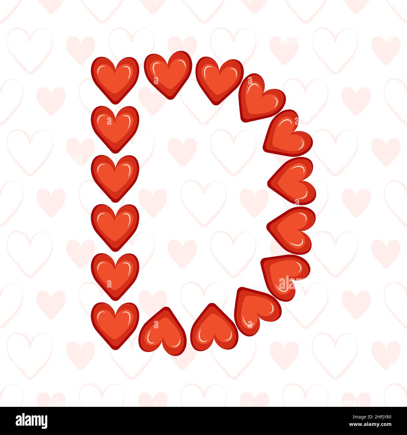 Letter D from red hearts on seamless pattern with love symbol. Festive font or decoration for valentine day, wedding, holiday and design Stock Vector