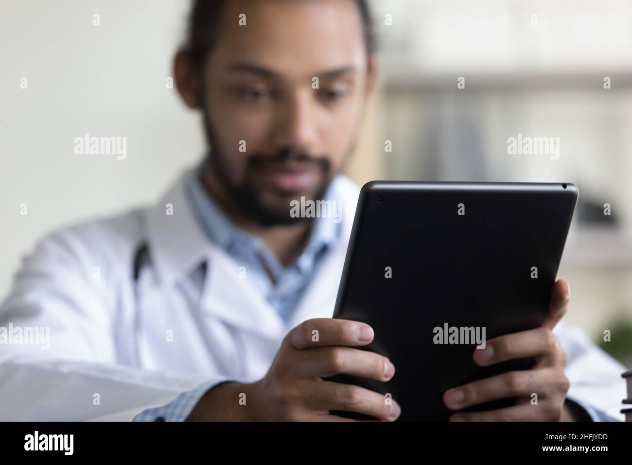 Close up focus on digital touchpad gadget. Stock Photo