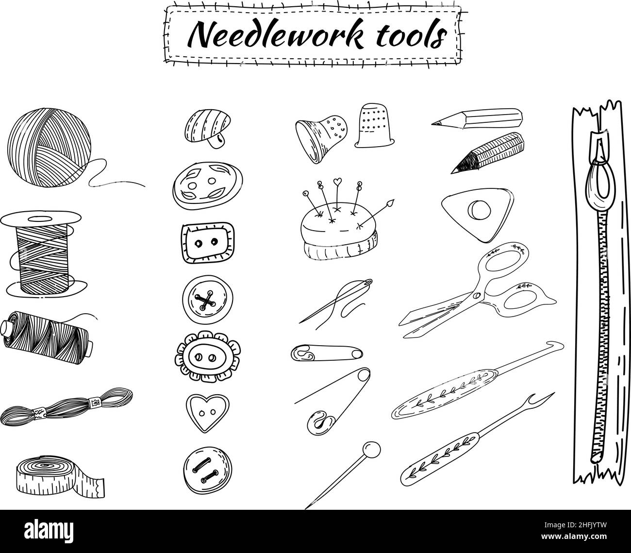 Tools and accessories for sewing and needlework. Scissors, twist, buttons, needles, pins, threads and spools of thread. Hand drawn vector doodle illus Stock Vector
