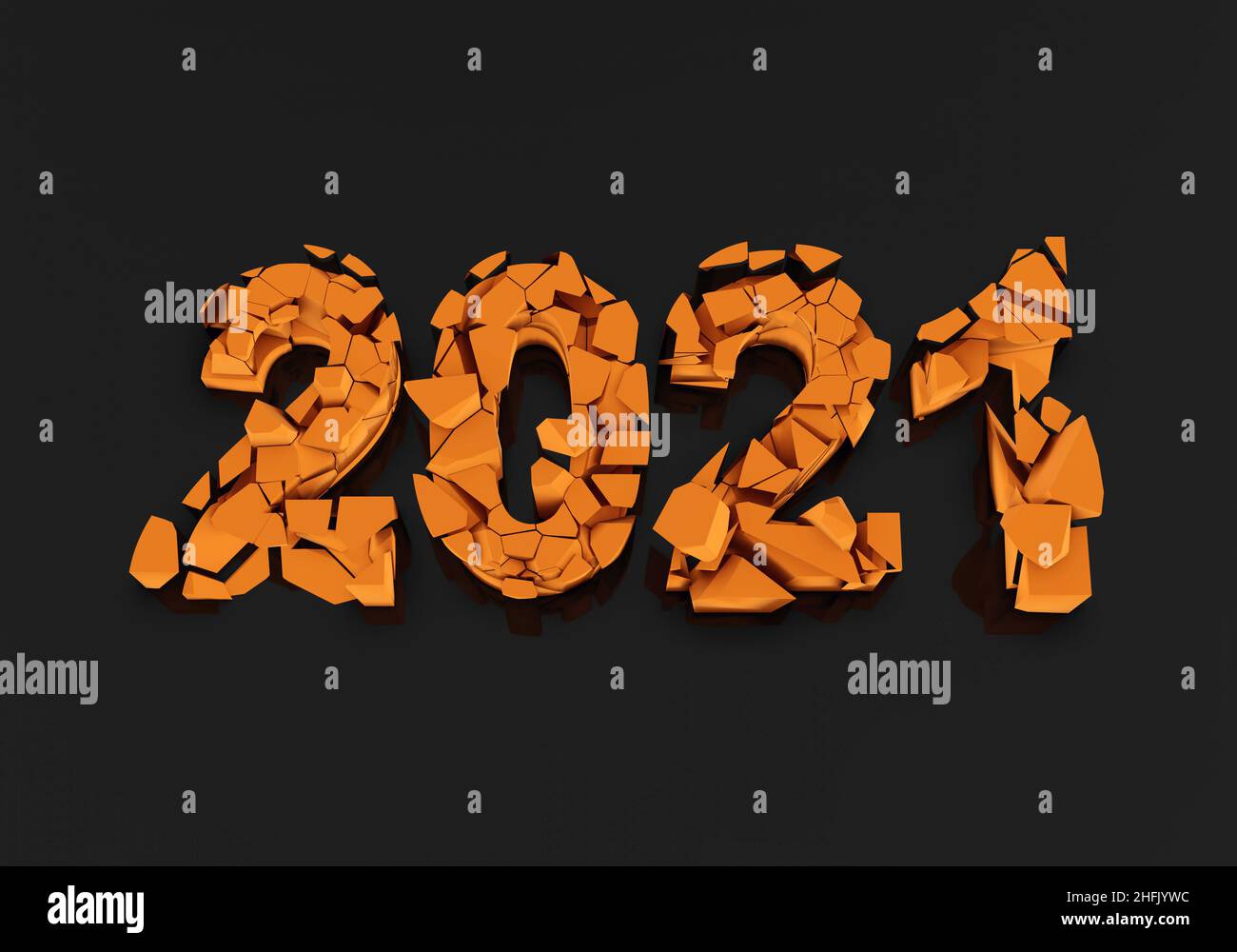 Broken 2021 year on black background. The number 2021 is destroyed ...