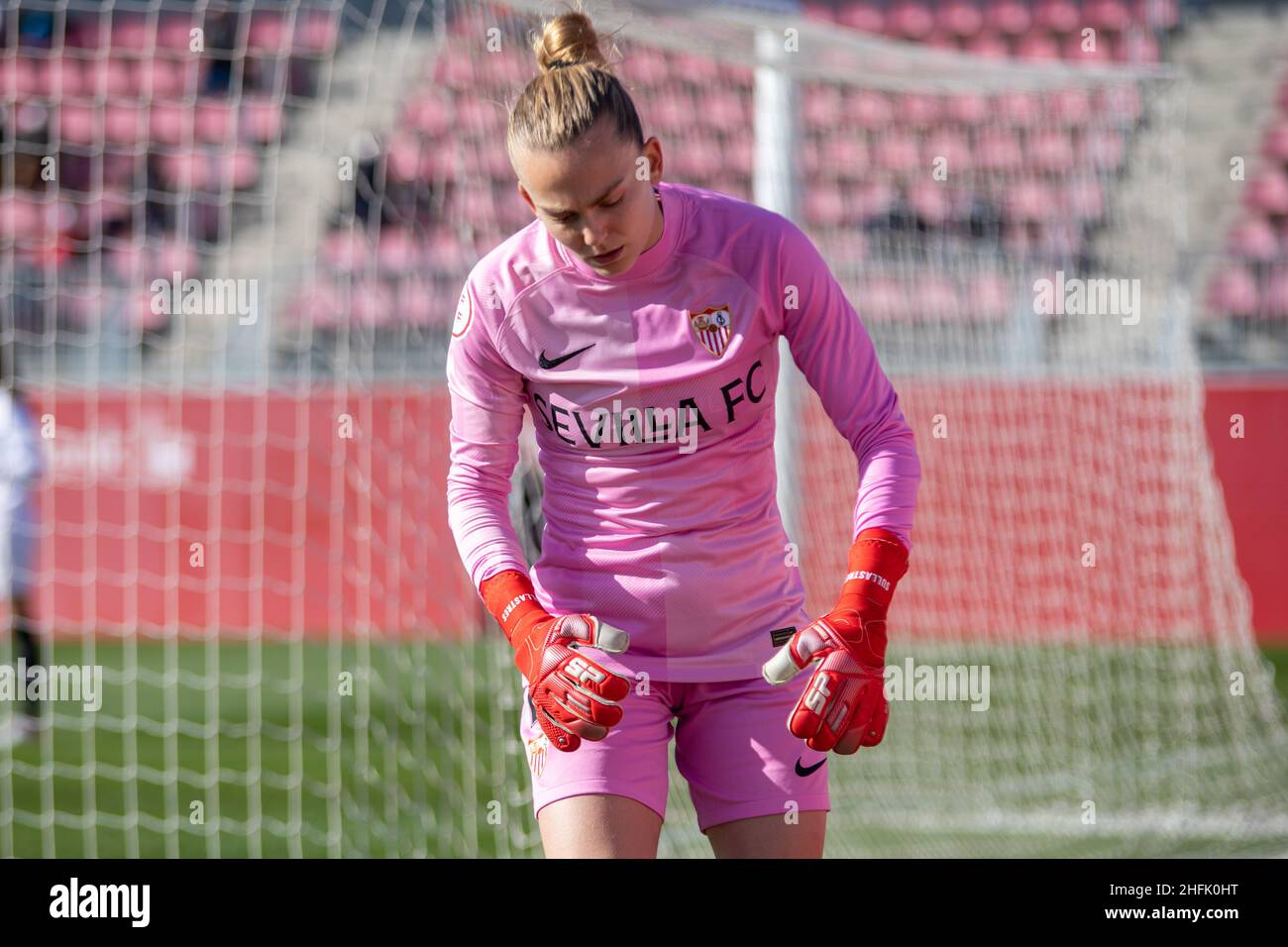 Seville Spain. 16th Jan 2022. Goalkeeper Esther Sullastres 24 of Sevilla FC Women seen during the Primera Division Femenina match between Sevilla FC Women and Valencia CF Women at Jesus Navas Stadium