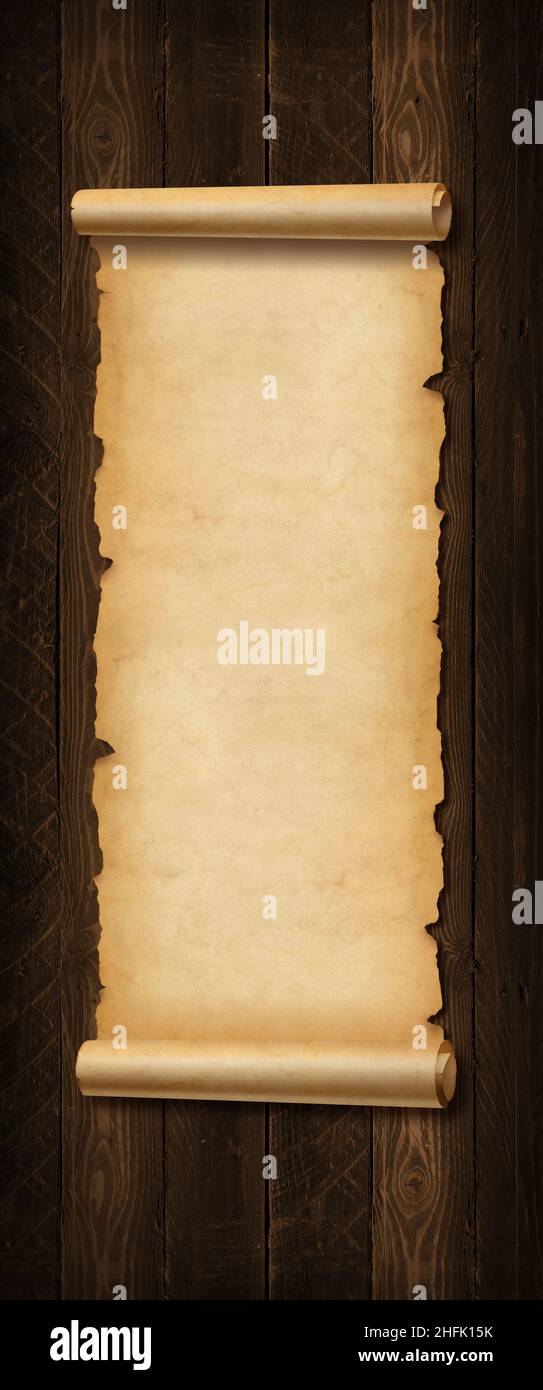 Old paper vertical banner. Parchment scroll isolated on a wood board