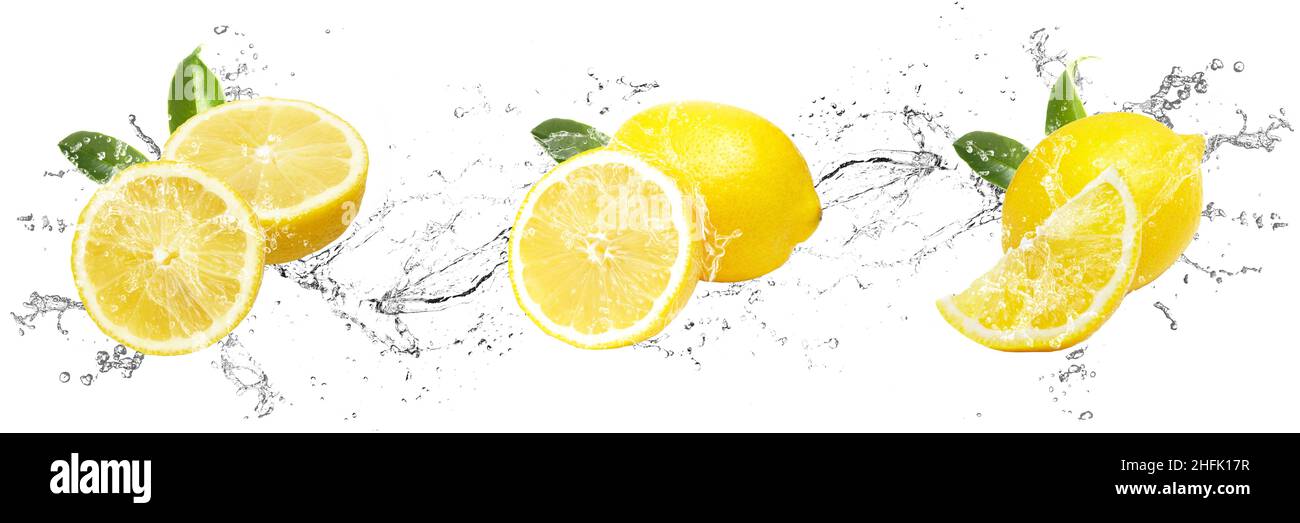 Fresh Lemons with water splash on isolated white background Stock Photo