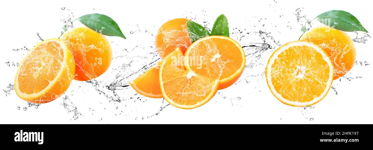 Fresh Oranges with water splash on isolated white background Stock ...