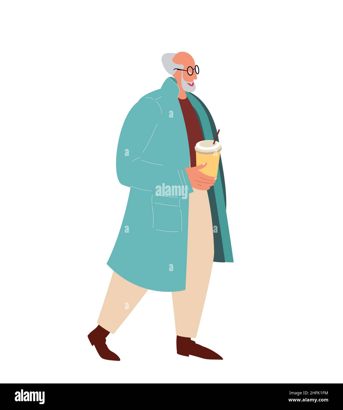 Senior Man in Modern Blue Coat Drinking Coffe.Stylish Retired Pensioner Gentleman,Coffee Cup in Hands Wearing Trendy Outfit.Old Fashion Person,Cold Season Trend.Vector Illustration on white Backcround Stock Vector