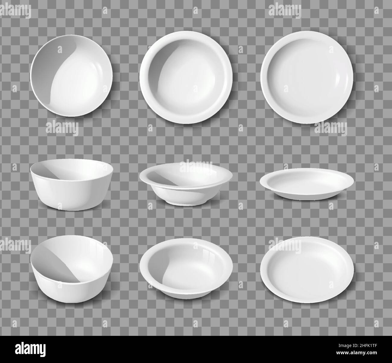 3d realistic vector collection. White porcelain set of dishes, plates