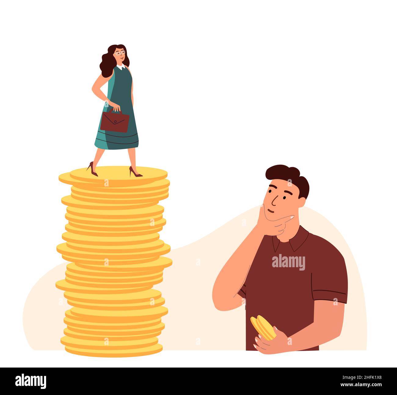 Salary gap concept. Inequality of money incomes between rich wealthy woman and poor man. Comparison of different financial levels of employees. Flat vector illustration isolated on white background Stock Vector