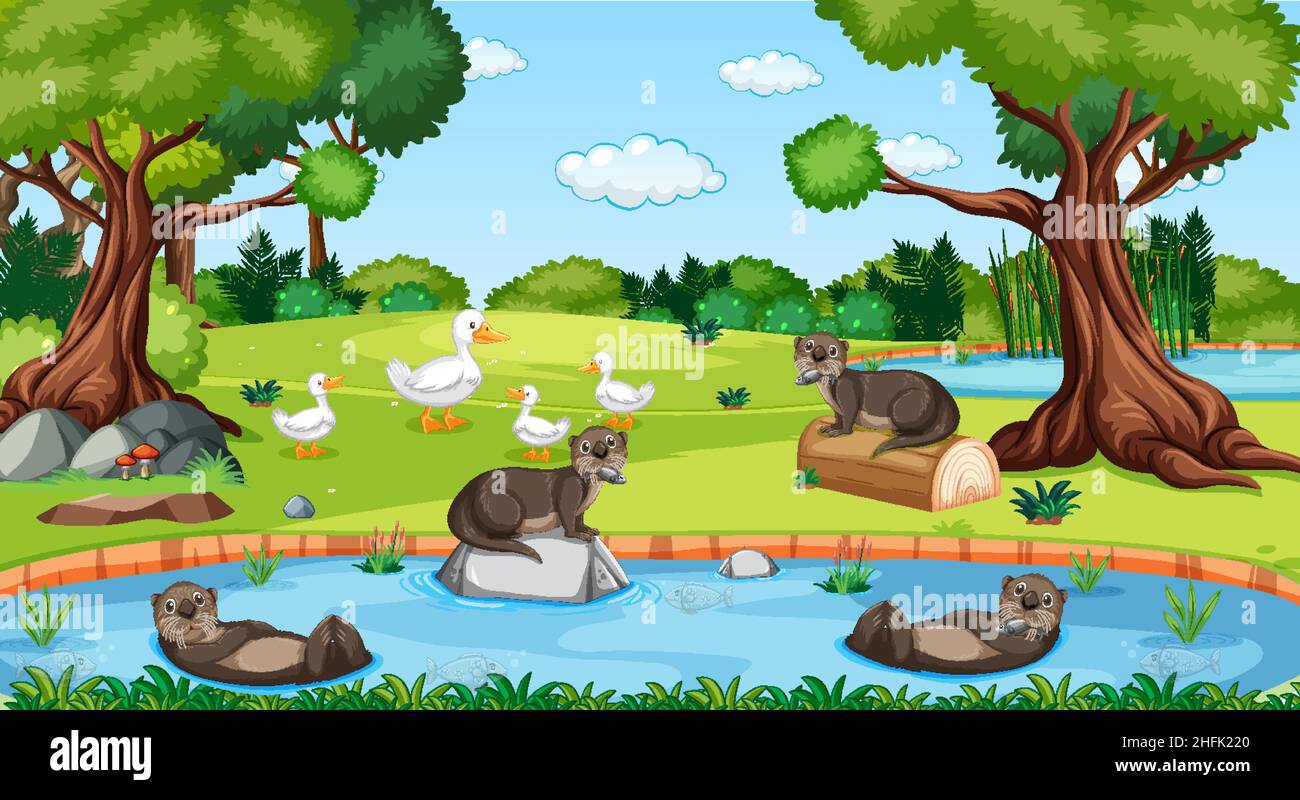 River in the forest with otters and ducks illustration Stock Vector