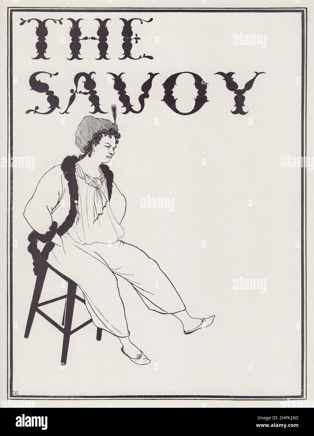 Cover Design for The Savoy No. 8, 1896. An androgynous figure in a turban tilts forward on a stool. Published in &quot;The Best of Beardsley&quot; edited by R. A. Walker, [The Bodley Head, London, 1948] Stock Photo