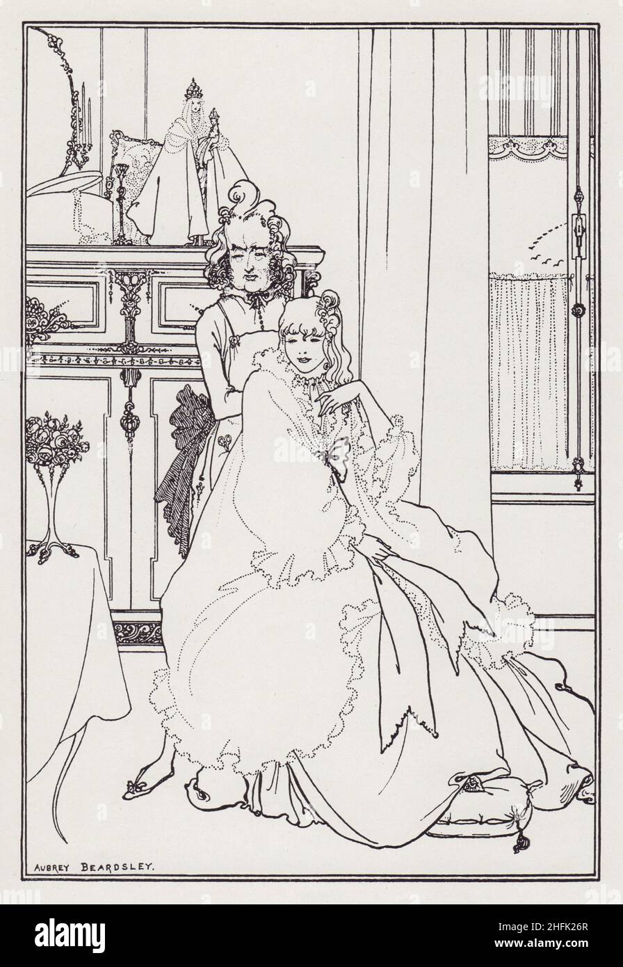 The Coiffing, from The Savoy No. 3, 1896. Woman with her hairdresser. Note diagonal line rising from the footstool to the crown on the Virgin Mary's head. Illustration for Beardsley's poem &quot;The Ballad of the Barber&quot;,  'a carefully wrought and chilling little fable concerning a thirteen year old princess and a Sweeney Todd-like coiffeur who slits her throat with the jagged glass of a broken bottle of cologne, and then creeps away &quot;on pointed feet&quot;'. Published in &quot;The Best of Beardsley&quot; edited by R. A. Walker, [The Bodley Head, London, 1948] Stock Photo