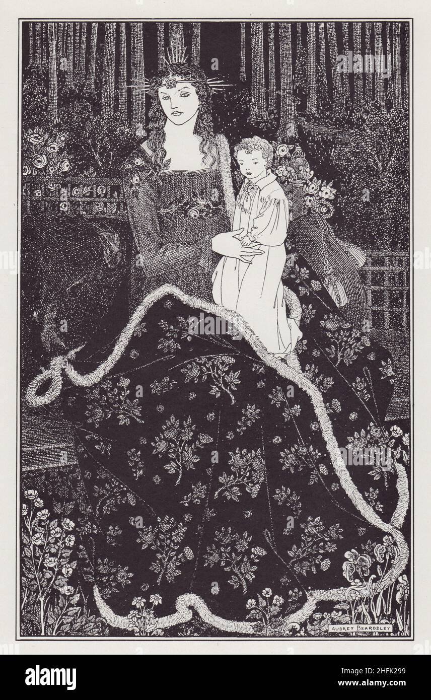 A large Christmas Card, 1895. The Virgin Mary holds the infant Christ who is wearing a Victorian nightshirt. 'From The Savoy No. I'. Published in &quot;The Best of Beardsley&quot; edited by R. A. Walker, [The Bodley Head, London, 1948] Stock Photo
