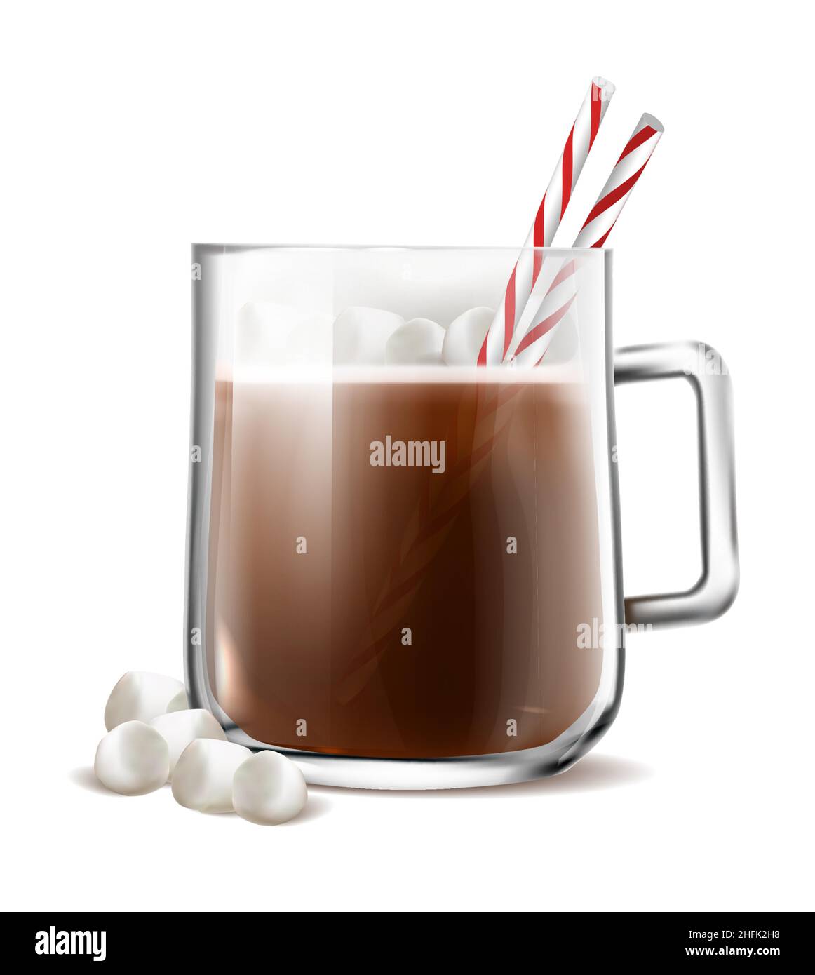 realistic vector icon. Glass cup of cacao with marshmallow and red and white straws. Isolated on white background. Stock Vector