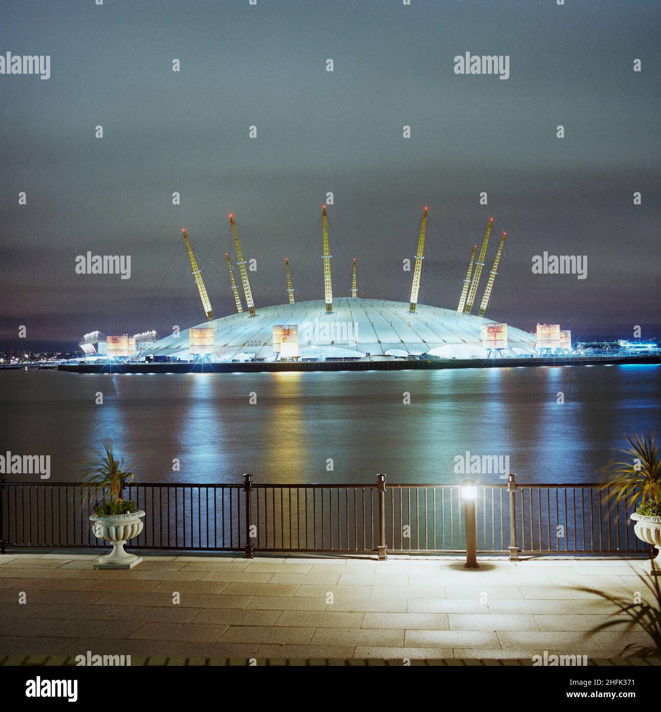 Millennium Dome, Drawdock Road, Greenwich, London, 01/12/1999. An exterior view of the Millennium Dome at night from the north, across the Thames. Stock Photo
