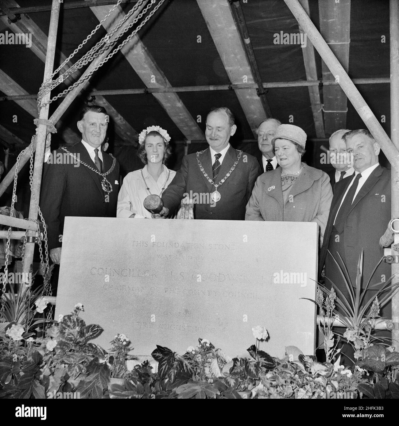 County Hall, A6352, Aykley Heads, Durham, County Durham, 03/08/1960. Councillor JS Goodwin, Chairman of Durham County Council, with a group of dignitaries ceremonially laying the foundation stone for the County Offices at Durham. John Laing and Son Ltd were contracted to build new county offices at Aykley Heads, Durham. The difficult task of levelling the hilltop site began in November 1959. The work was completed in 1963 and HRH Prince Philip, the Duke of Edinburgh, officially opened the county offices on 14th October. The complex included committee rooms, a main office block, hexagonal counc Stock Photo