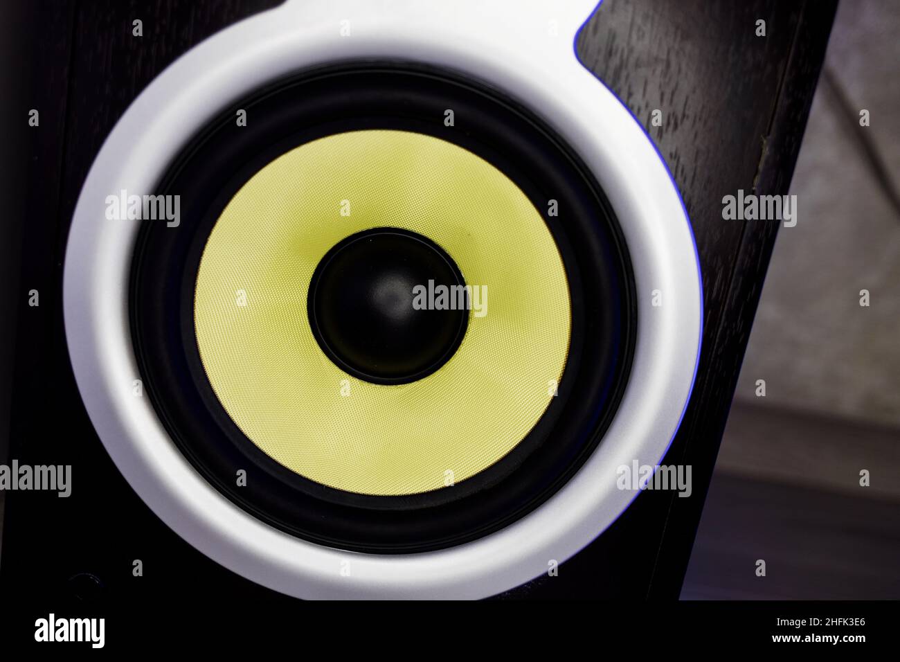 Yellow speaker. Music studio speaker Stock Photo Alamy