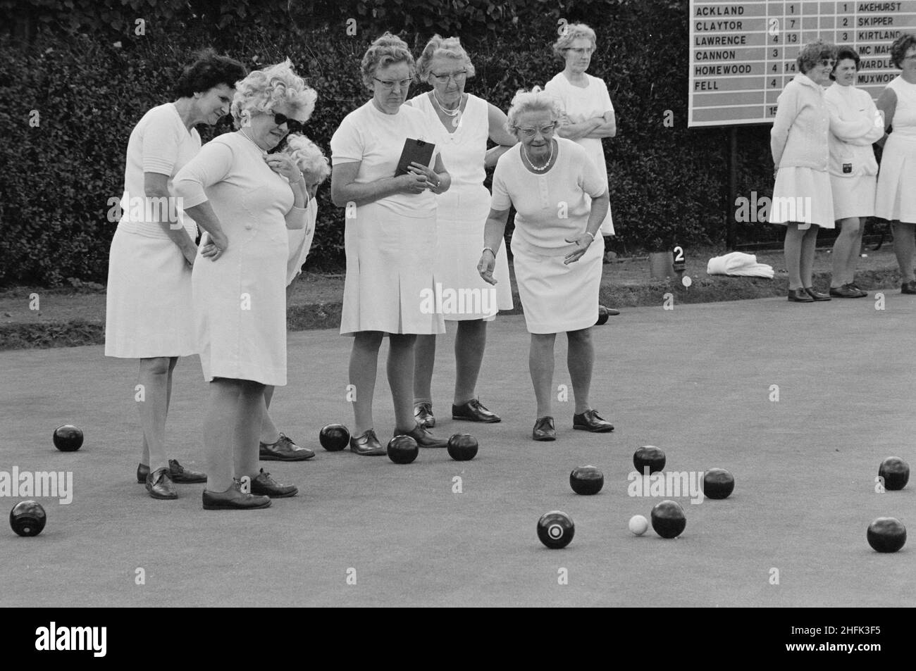 Laing Sports Ground, Rowley Lane, Elstree, Barnet, London, 21/07/1973. A group of women playing a game of bowls at Laing's Sports Ground. This photograph is part of a batch to show sports being played between members of Laing's Sports Club and staff from Blue Circle, the cement manufacturer. Stock Photo
