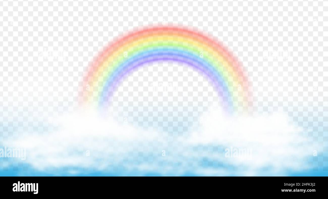 realistic vector icon. Colorful rainbow on white clouds. Stock Vector