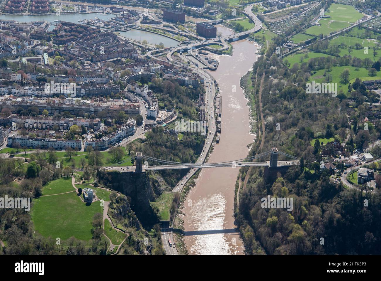Clifton Suspension Bridge, Bristol, 2018. Aerial view looking south over Clifton and towards the floating harbour. The bridge over the Avon Gorge was designed by &lt; Name not Found! &gt; between 1829 and 1831 but not completed until 1864, after Brunel's death. Stock Photo