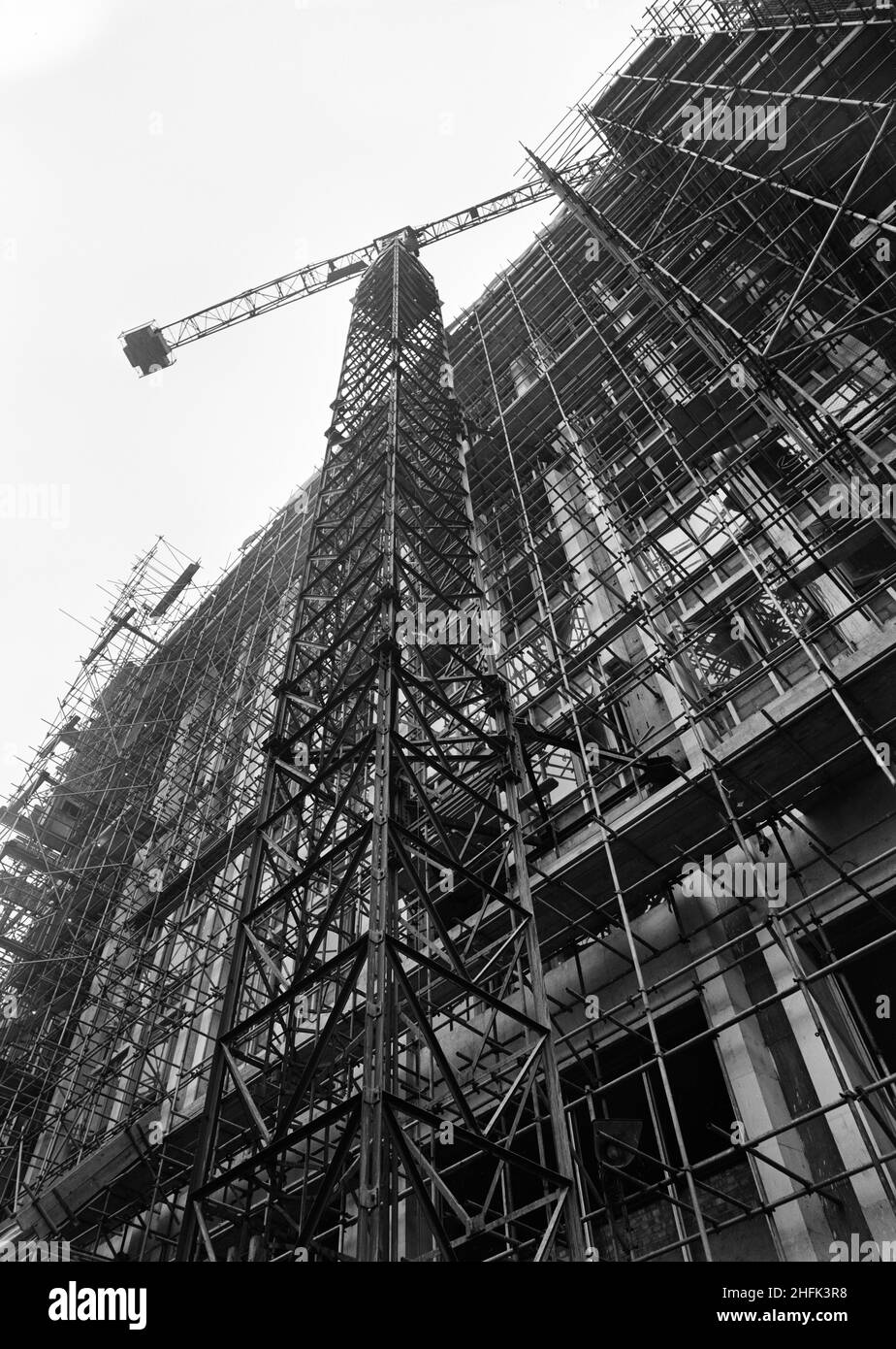 Paternoster Square, City of London, 14/12/1962. Looking up at a tower crane against a maze of scaffolding during the construction of the Paternoster development. Work on the Paternoster development was carried out in a joint venture by John Laing Construction Limited, Trollope and Colls Limited, and George Wimpey and Company Limited. The scheme involved the redevelopment of a seven acre site on the north side of St Paul&#x2019;s Cathedral. The site had been almost entirely devastated during an incendiary raid in December 1940. The development consisted of a series of office blocks, a shopping Stock Photo