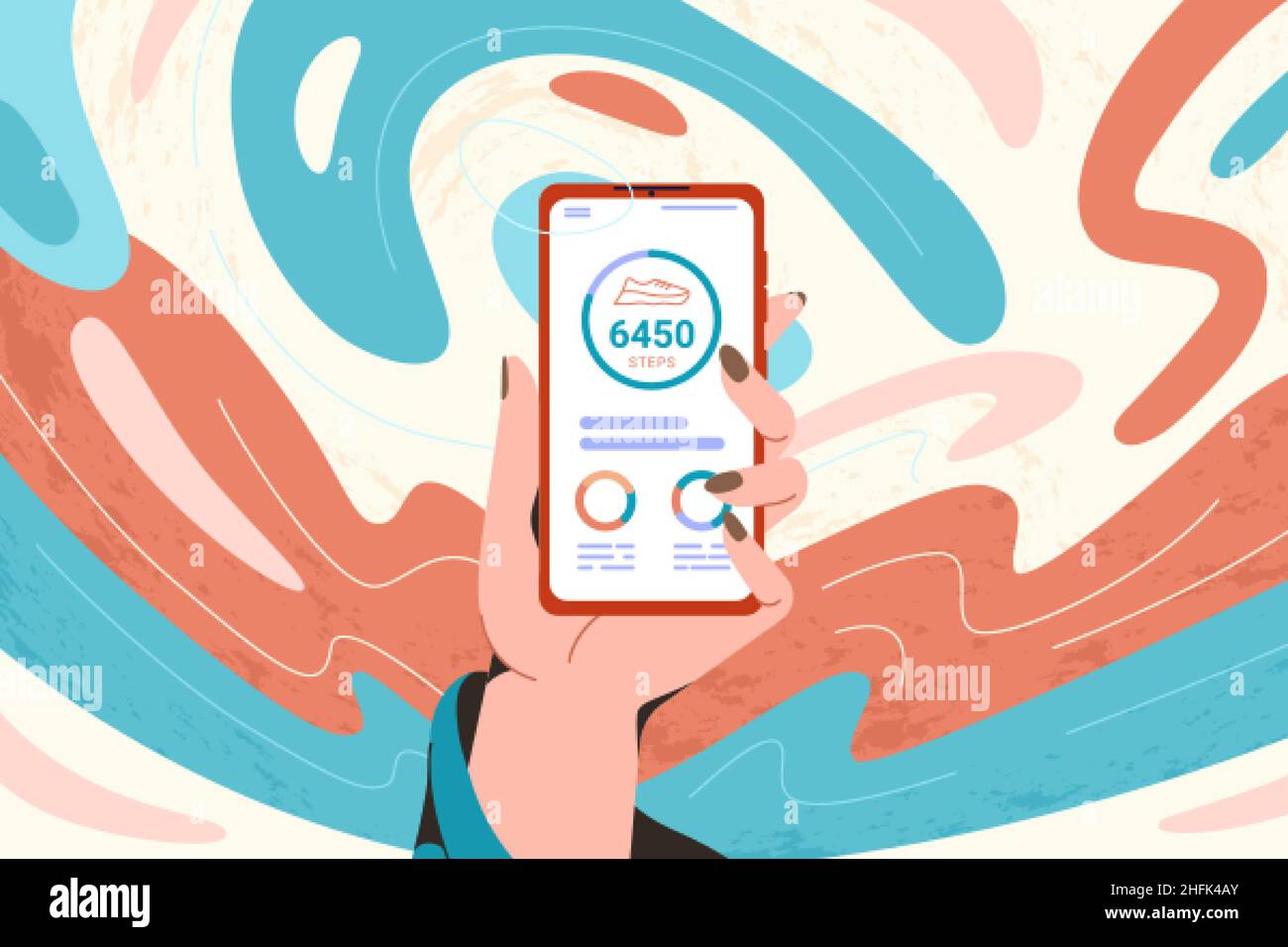 Hand woman hold mobile phone with pedometer or fitness tracker. Step